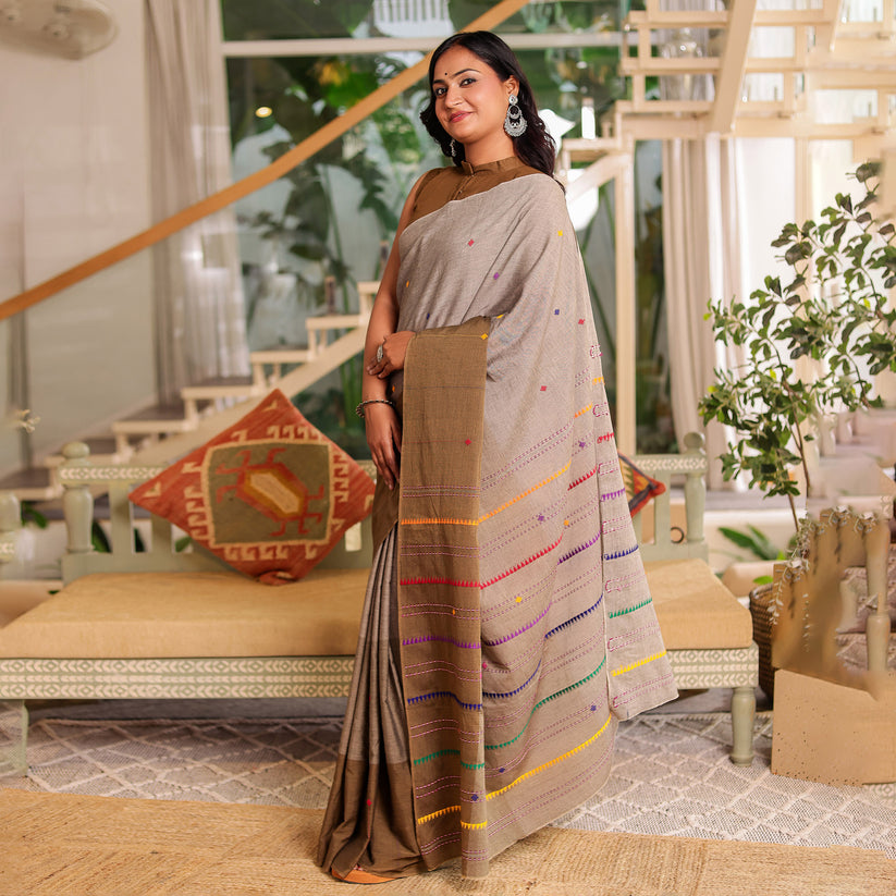 Different saree fabrics including mul cotton and khadi cotton
